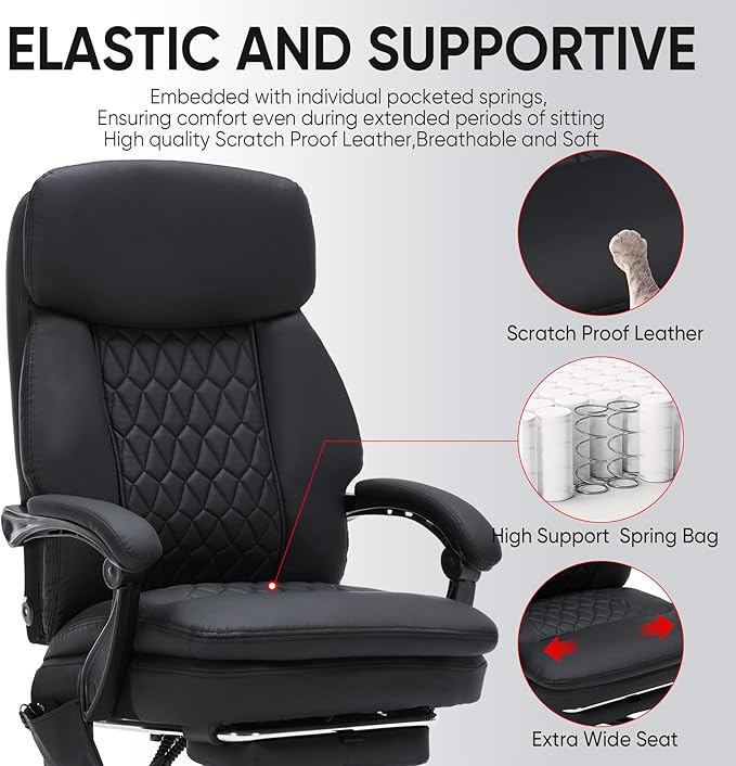 16 Nodes Kneading Massage Office Chair with Foot Rest,450lbs Shiatsu Massage Reclining Office Chairs,Home Office Desk Chair for Heavy People,Ergonomic Desk Chairs with Extra Cushion Pillow(Black)