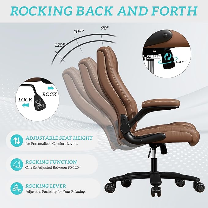 GYI Office Chair, Ergonomic Computer Desk Chair, Leather Executive Office Chair with High Back, Lumbar Support, Flip-up Arms, Wide and Thick Padded Seat, Heavy Duty Base, Rubber Wheels, Brown