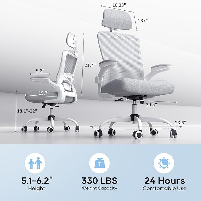 Office Chair, Ergonomic Mesh Desk Chair with Adjustable Lumbar Support and Headrest, Flip-up Armrests, High Back Computer Task Chair for Home and Executive Office (W-All Grey)