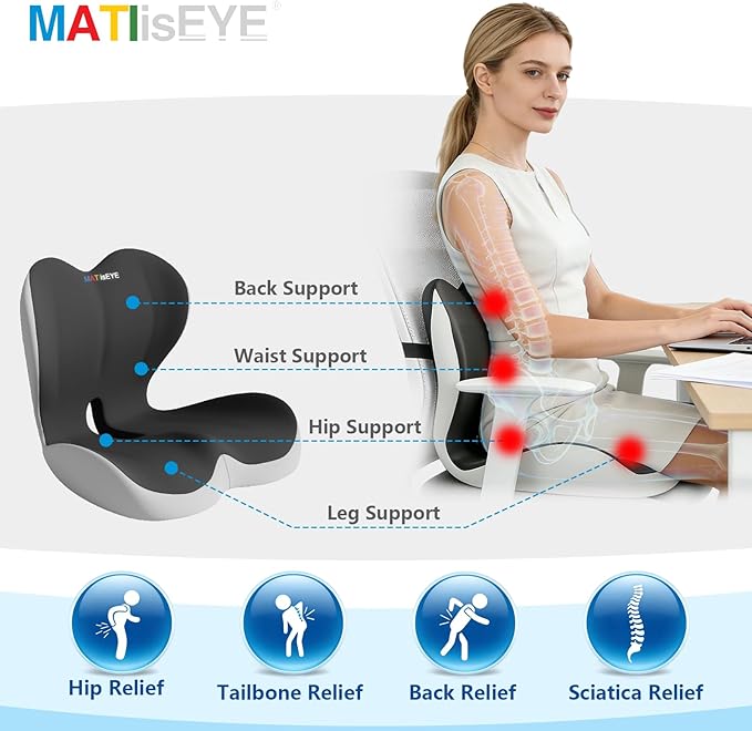 Orthopedic Memory Foam Seat Cushion with Adjustable Strap, Coccyx & Sciatica Pain Relief, Washable Non-Slip for Long Sitting, Ergonomic Posture Support for Office Chair, Car & Wheelchair (Double Grey)