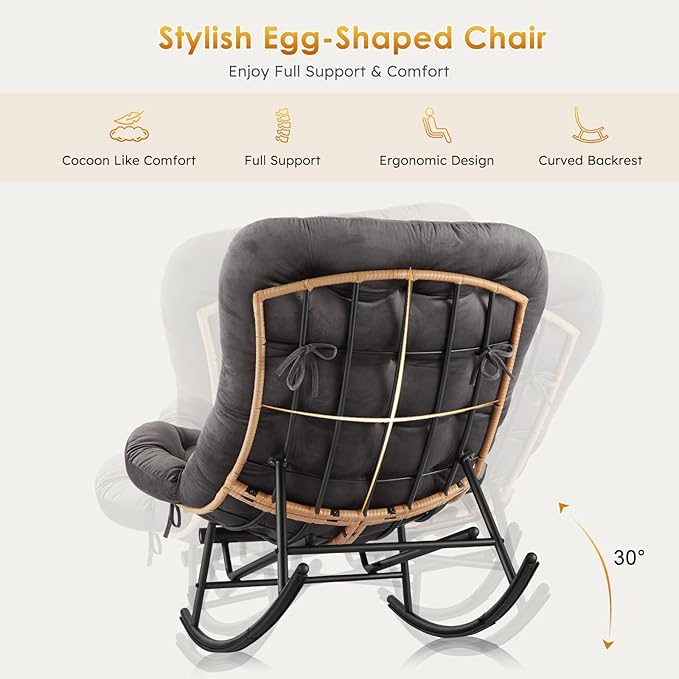 Jojoka Oversized Papasan Rocking Chair with Detachable Foot Rest, PE Rattan Rocker with Thick Removable Cushion, Metal Frame Lounge Chair for Indoor Outdoor Patio Garden Porch Living Room