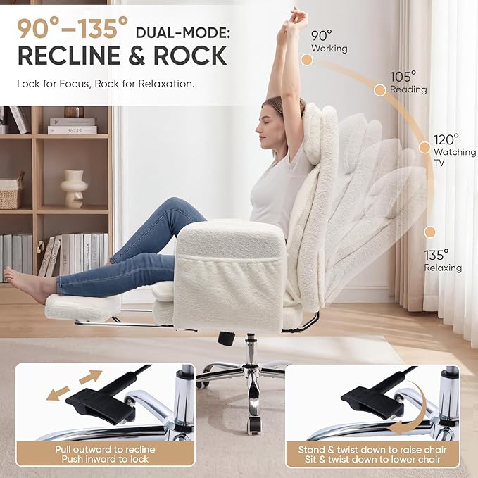 Big and Tall Office Chair with Flip Armrests, Cross Legged Office Chair with Storage Pockets, Comfortable Reclining Computer Chair with Foot Rest, Wide Home Desk Chair, Teddy Fleece