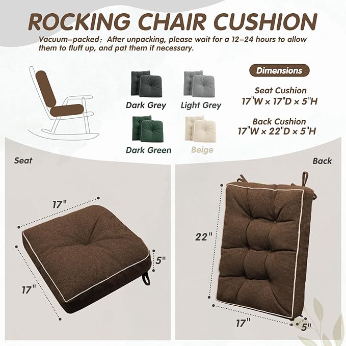 YZ HOME Rocking Chair Cushion, Set of Thicken Seat & Back Chair Cushions with Memory Foam, Non-Slip Chair Pad with Ties for Indoor&Outdoor Rocker, Dark Brown, 22x17x5/17x17x5
