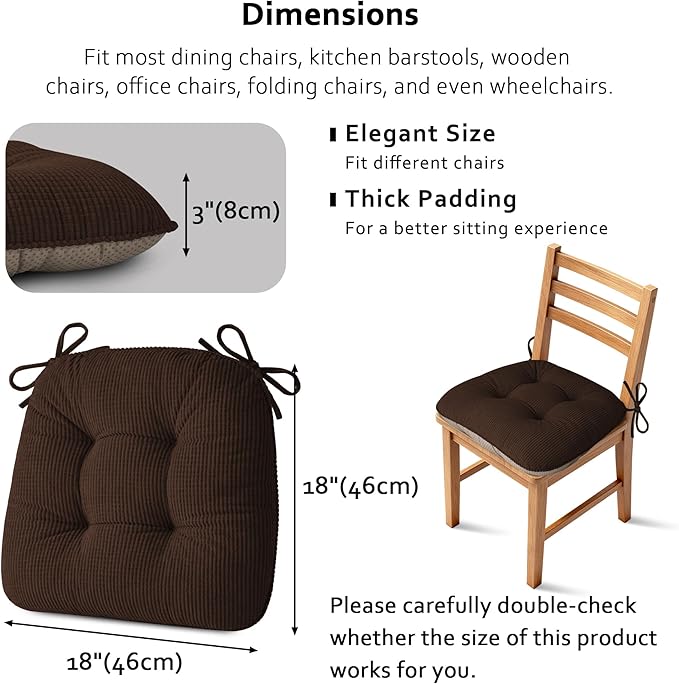 ELFJOY Dining Chair Cushions Set of 2 Thick Non Slip Kitchen Chair Pads with Ties Comfortable Indoor Kitchen Seat Cushions 18" x 18" x 3" Brown