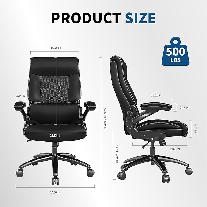 Ergonomic Big and Tall Office Chair, 500LBS PU Leather Executive Desk Chair with Lumbar Support and Flip-up Armrests, High Back, for Home and Office, Black