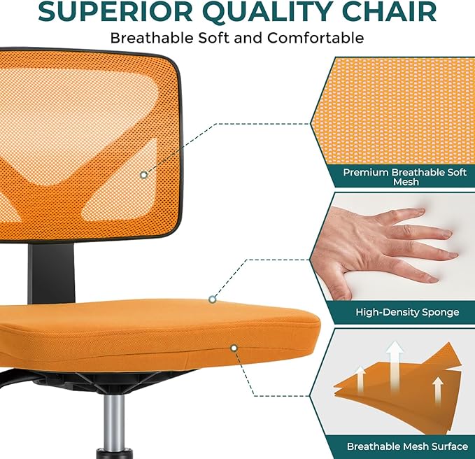 DUMOS Armless Office Chairs with Wheels, Ergonomic Adjustable Home Desk Swivel Rolling Task Chair No Arms, Comfy Mesh Mid Back Computer Work Vanity Desk Chairs for Small Spaces, Orange