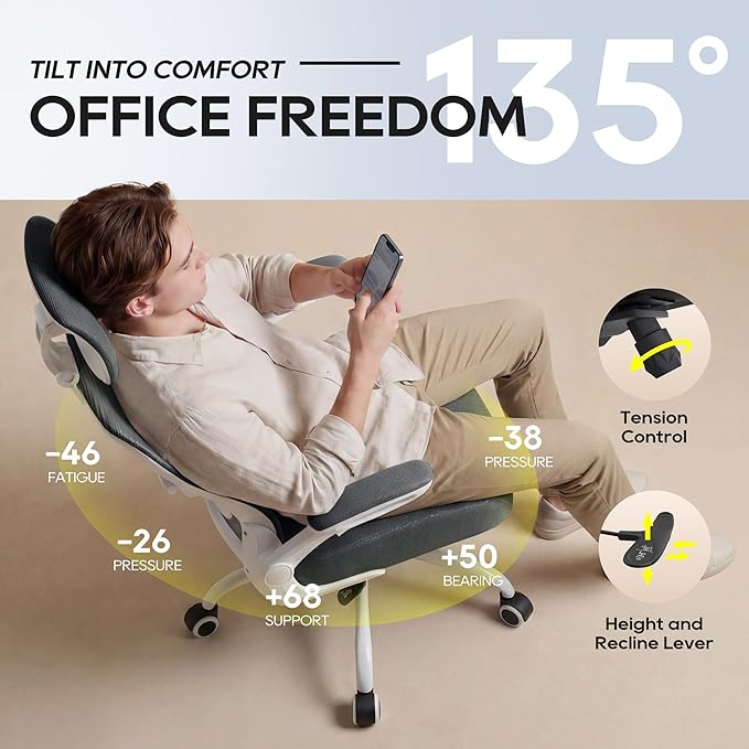 Office Chair, Ergonomic Mesh Desk Chair with Adjustable Lumbar Support and Headrest, Flip-up Armrests, High Back Computer Task Chair for Home and Executive Office (W-Dark Grey)