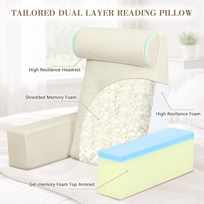 Bed Pillow for Sitting Up, Dual-Layer Memory Foam Reading Pillow for Bed Adult with Adjustable Headrest & Detachable Arms for Relaxing, Beige