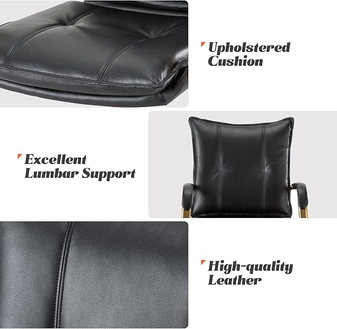 HULALA HOME Faux Leather Home Office Desk Chair, Adjustable Swivel Computer Chair with Golden Legs and Arms, Comfy Upholstered Task Chair, Black