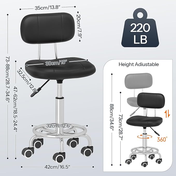 HOOBRO Height Adjustable Rolling Stool, 360° Swivel Drafting Chair with Backrest, Office Desk Chair PU Leather for Salon Barber, Shop Bar, Black and Silver SB36BY01