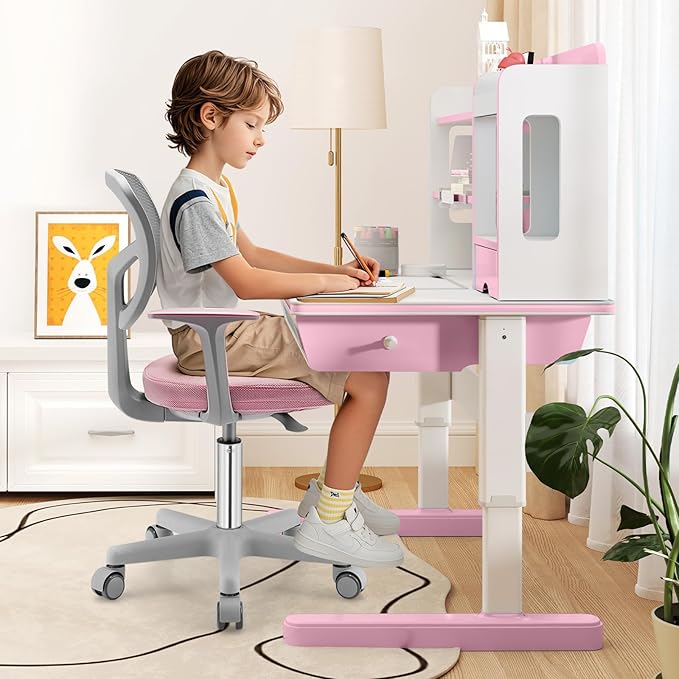 Giantex Kids Desk Chair, Ergonomic Adjustable Teen Task Chair w/Y-Shaped Lumbar Support, Armrest & Universal Wheels, Mesh Kid Office Chair for Sturdy, Kids Computer Chair for Boys & Girls 4-12, Pink