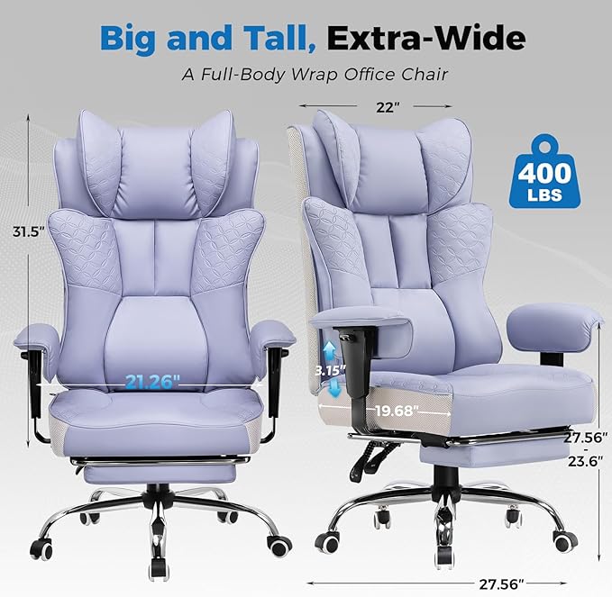 GTPLAYER Big and Tall Office Chair, Wide Ergonomic Gaming Chair with Deluxe Embossing Designed Leather with Foot Rest,150°Reclining Adjustable Soft Armrests Pocket Spring Back Support and Pillow