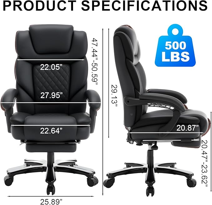 500lbs Recliner Office Chair with Footrest Lumbar Support, Wide Seat Plus Size 500lbs Big Tall Reclining Office Desk Chair, Black