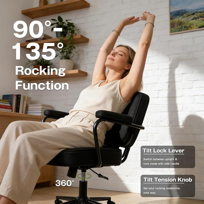 Office Desk Chair, Ergonomic Desk Chair with Padded Cushion & Backrest, Adjustable Height & 360° Swivel, Armrest Task Chair for Home Office, Computer Desk & Vanity, Black