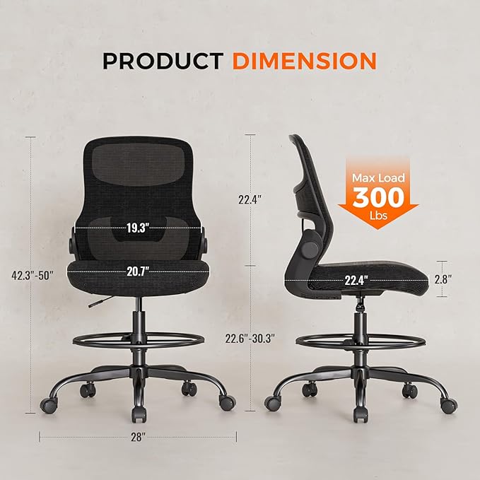 Drafting Chair Armless, Tall Office Chair with Adjustable Foot Ring and Lumbar Support, Ergonomic Mesh High Desk Chair for Standing Desk, Black