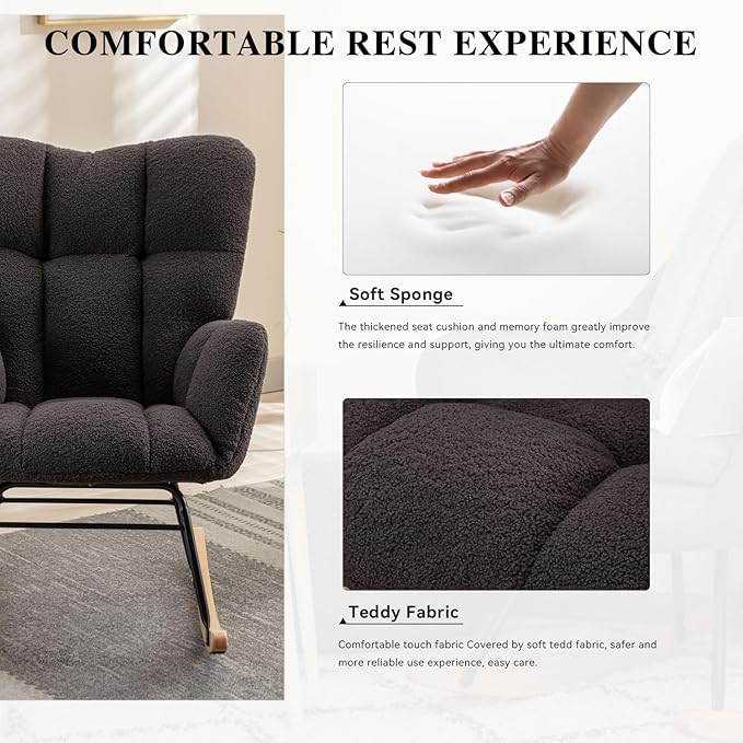 FOXHUNTER Rocking Chair Nursery Teddy Upholstered Glider Rocker High Backrest Nursery Rocker Comfortable Stylish Accent Armchair for Living Rooms Bedrooms Offices (Teddy Dark Gray)