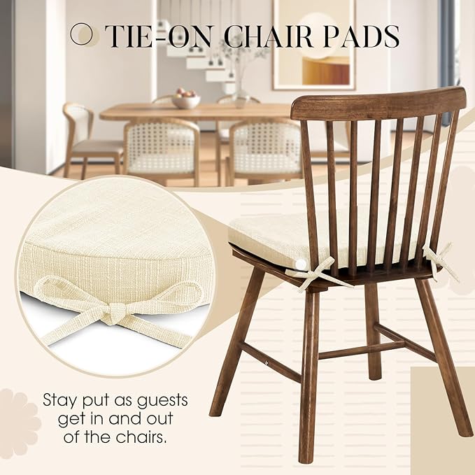 Basic Beyond Chair Cushions for Dining Chairs 4 Pack, Kitchen Chair Cushions with Ties and Non Slip Backing, 16 x 16 inches Chair Pads for Dining Chairs (Beige)