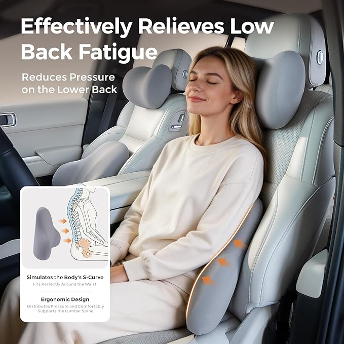 BABUR Lumbar Support Pillow for Car, Ergonomic Memory Foam Support Pillow for Lower Back Pain Relief, Washable Cover, Lumbar Cushion for Driving Seat, Fits Most Cars | Gray