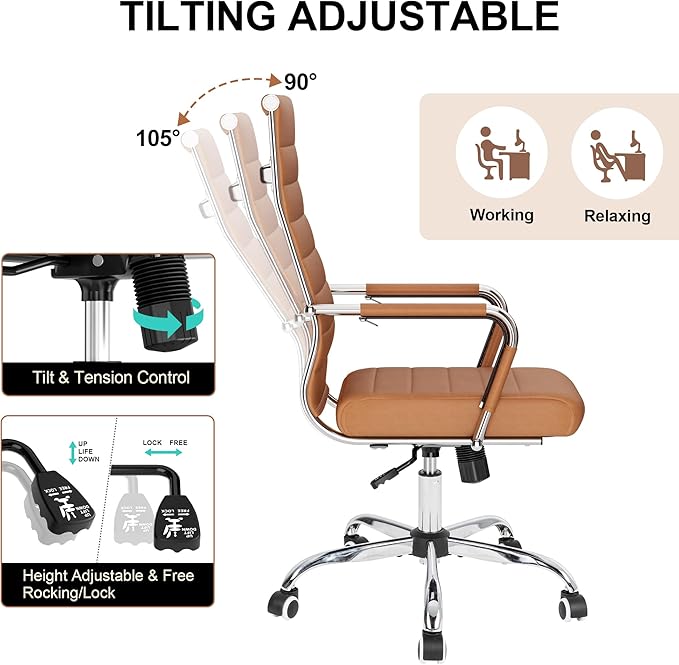 Okeysen Office Desk Chair, Ergonomic Leather Modern Conference Room Chairs, Executive Ribbed Height Adjustable Swivel Rolling Chair for Home Office