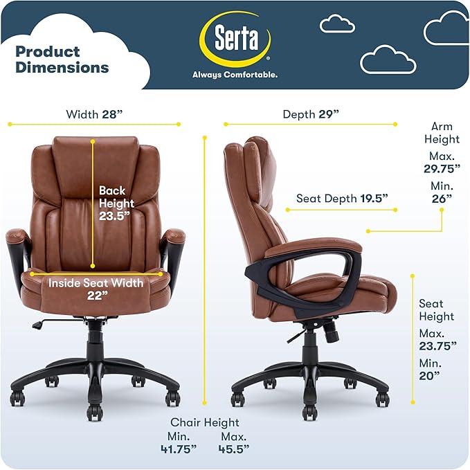 Serta Garret Executive Office Chair, Ergonomic Mid-Back with Lumbar Support, Semi-Plush Cushion and Body Pillows, Padded Armrests, Swivel Base, Bonded Leather, Cognac