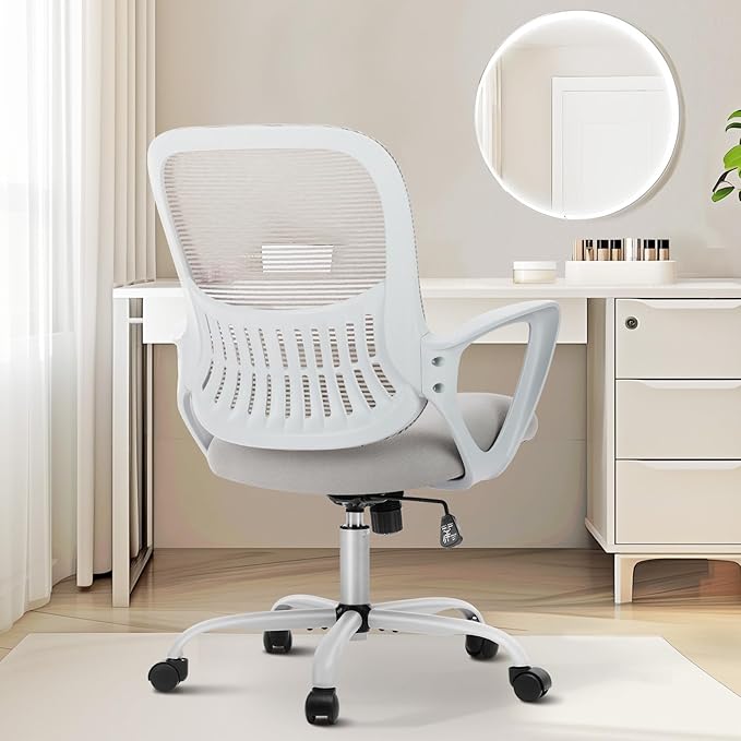 Sweetcrispy Ergonomic Mid-Back Mesh Home Office Desk Chair with Wheels, Managerial Executive Chair with Lumbar Support, and Comfortable Armrests for Home, Bedroom, Study, Office, Grey