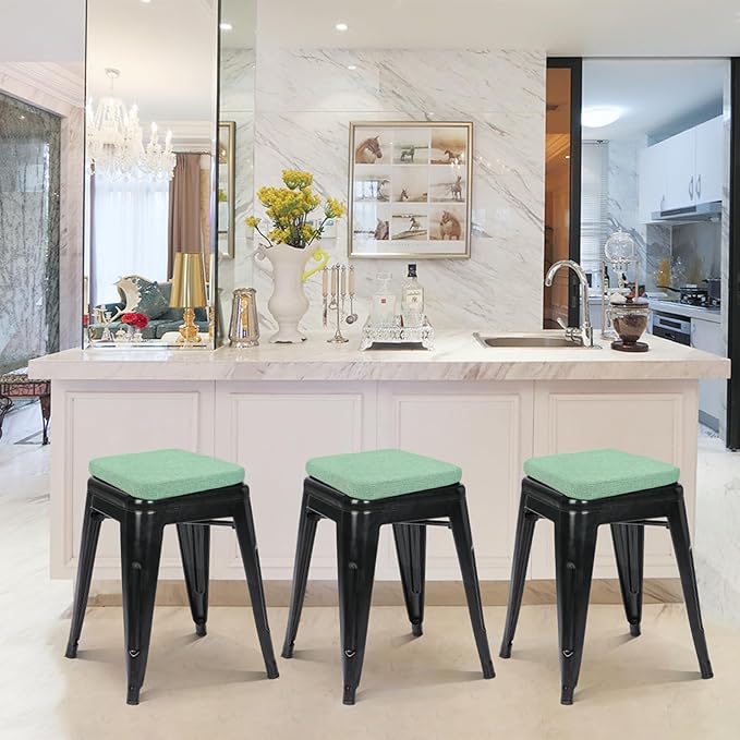BUYUE Friendly Woven Fabric Magnetic Bar Stool Cushion 1 Piece, Enhanced Anti-Slip Breathable Small Chair Seat Pad for Café Bistro Stackable Metal Stool (Square, Light Green, 1)