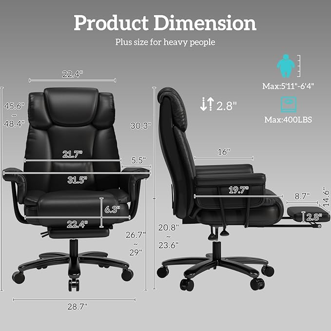GYI 160 Reclining Office Chair with Footrest, Big and Tall High Back Home Office Chair, Leather Computer Desk Chair with Cross Legged Seat, Arms, Wheels, Black