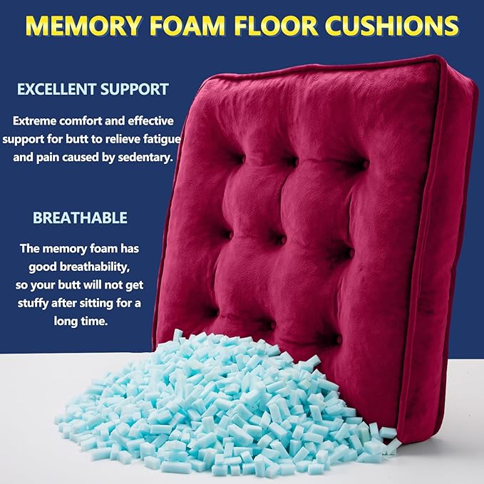 1 MIDDLE ONE Floor Pillow Set of 2, Memory Foam Meditation Cushion, Floor Cushions for Adults Sitting, Large Square Seat Cushions for Yoga, Living Room, 20x20 Inch (Burgundy)