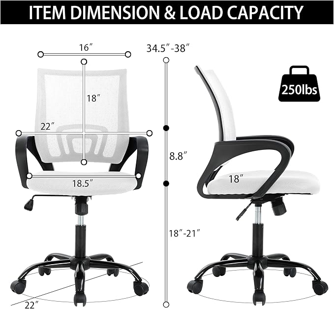 Home Office Desk Chair - Space-Saving Mesh Back with 360° Swivel & Height Adjustable (Easy Assembly), PVC Base, White