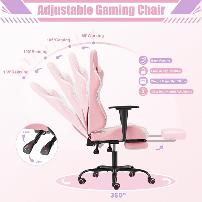 ECOTOUGE PC Gaming Chair Massage Ergonomic Office Desk Chair Racing PU Leather Recliner Swivel Rocker with Headrest and Lumbar Pillow, Pink-White