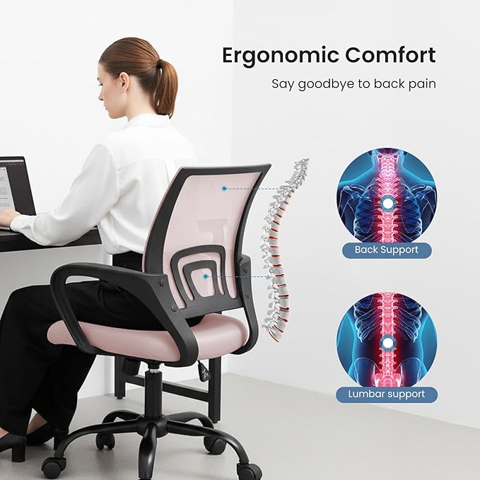 OLIXIS Office Desk Chair - Ergonomic Mid Back with Lumbar Support & Rocking Mode, Height Adjustable with Fixed Armrest, Storage Back for Computer, Gaming, Conference, Meeting Room, 360° Swivel, Pink