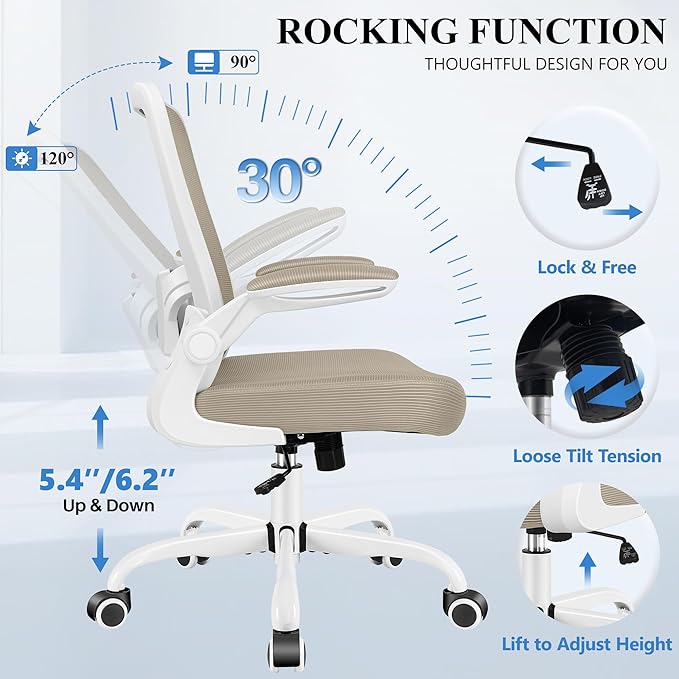 FelixKing Office Chair, Ergonomic Desk Chair Breathable Mesh Chairs Adjustable High Back Lumbar Support Flip-up Armrests, Executive Rolling Swivel Comfy Computer Chairs Home Office Khaki