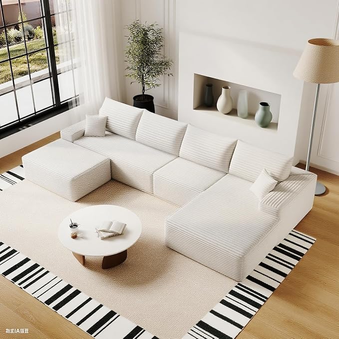 135" U Shaped Boneless Couch with Ottoman, Convertible Sleeper Compression Sofa, Corduroy Couch Sectional for Living Room Bedroom, Deep Seat Foam Cloud Sofas No Assembly, Right Facing Chaise, White