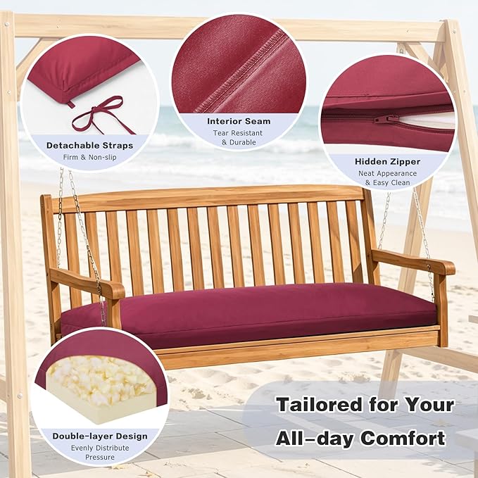 baibu 45Inch Outdoor Bench Cushion Waterproof, Bench Cushions for Outdoor Furniture, Dual-Layer Memory Foam atio Furniture Cushions, Porch Swing Seat Pad with Washable Cover & Ties, 45x16x3.5, Red