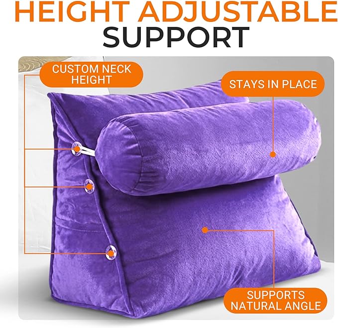 Cheer Collection Reading Wedge Pillow - Adjustable Wedge Reading Pillow with Neck Support, Hollow Fiber-Filled Backrest Pillow for Reading, Gaming, and TV Watching, Purple