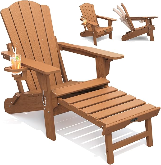 THOEOE Adjustable Adirondack Chair with Retractable Ottoman, HDEP Folding Adirondack Chairs with Footrest 2-in-1 Cup Holder, All Weather Outoor Fire Pit Chair with Foot Rest Set 1 Wood