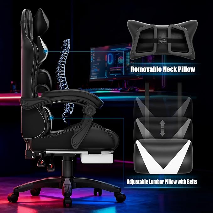 Czlolo Gaming Chair, Racing Style RGB LED Lights Gaming Chairs for Adults and Kids, Lumbar Massager Gamer Chair, High Back Reclining Computer Chair with Footrest and Headrest (Black/White)