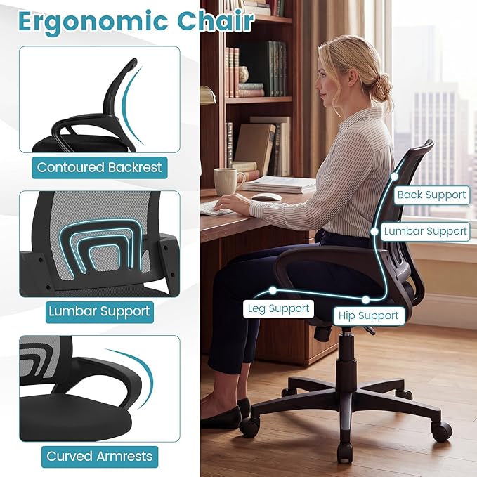 Giantex Ergonomic Mesh Office Chair, Mid-Back Computer Chair with Breathable Backrest, Lumbar Support and Adjustable Height, Gaming Chair, Swivel Rolling Desk Chair for Home Office, Task and Study