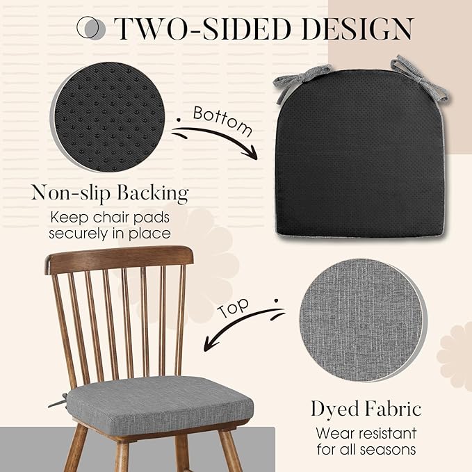 Basic Beyond Chair Cushions for Dining Chairs 6 Pack, Kitchen Chair Cushions with Ties and Non Slip Backing, 16 x 16 inches Chair Pads for Dining Chairs (Dark Grey)