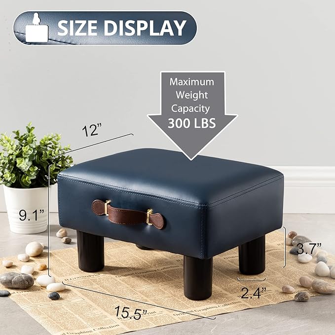 Small Foot Stool with Handle, Blue PU Leather Short Foot Stool Rest, Rectangle Storage Foot Stools Ottoman with Plastic Legs, Padded Footstool Small Step Stool for Living Room, Office, Desk, Patio