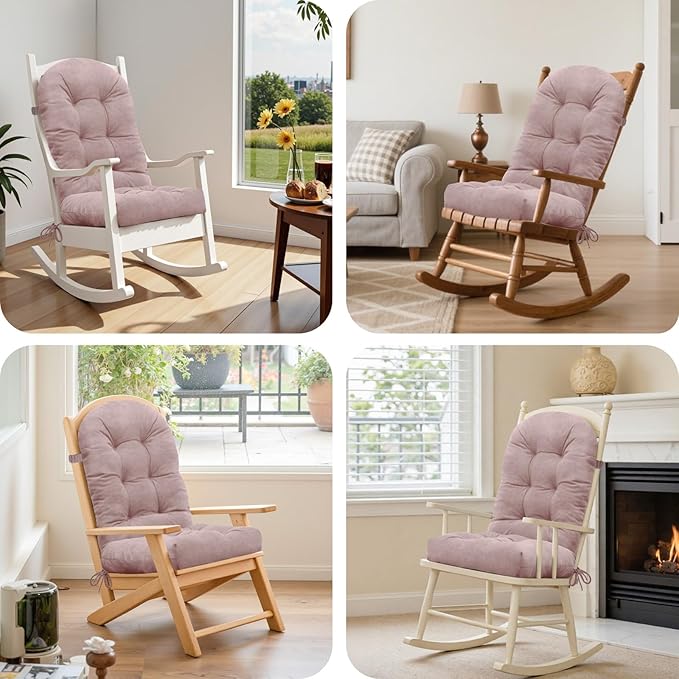 Rocking Chair Cushion - Velvet Fabric, High-Density Sponge, Durable Comfort Non-Slip Bottom Tufted Seat Pads with Ties, Velvet︱Dirty Pink, 44x19x4 inch