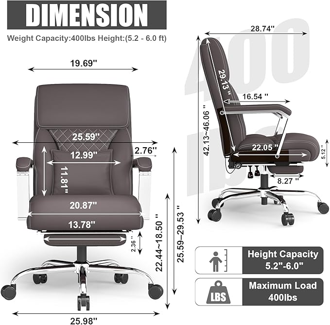 Ergonomic Leather Office Chair with Adjustable Lumbar Support, Flip-Up Armrests Desk Computer Chair, Swivel PC Chair with Rocking Function