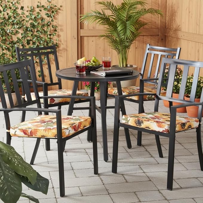 Outdoor 18 inch Square Patio Dining Chair Pads – Comfortable Fiber-Filled Seat Cushions with Ties, Reversible Polyester Fabric - Marisol, Set of 4