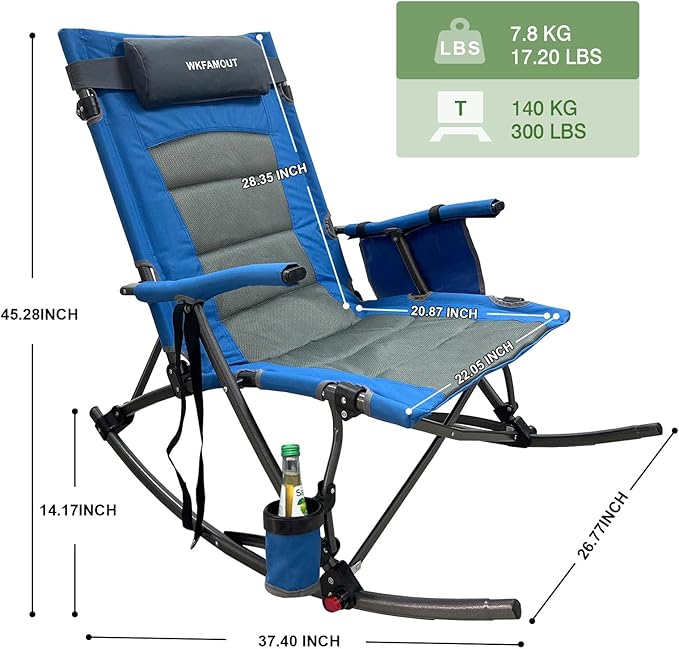 13.8" High Seat Rocking Camping Chair Outdoor with Foot Rest & Headrest, Oversized Folding Rocker Chair with Carry Bag for Lawn Patio Supports 300 lbs