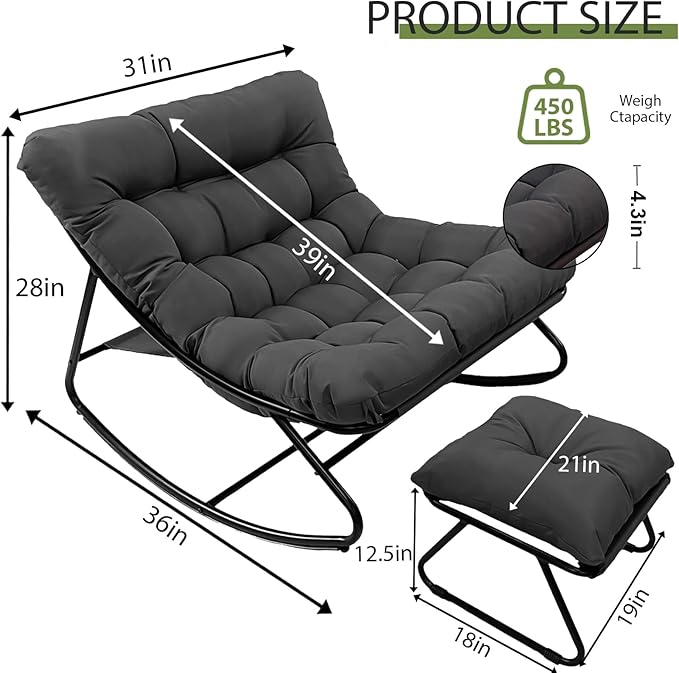 Patio Rocking Chair with Ottoman Outdoor & Indoor, Rocking Chairs Padded with Foot Rest, 330lbs Capacity, Metal Outdoor Rocker for Garden, Deck, Living Room, Bedroom, Balcony (Gray)