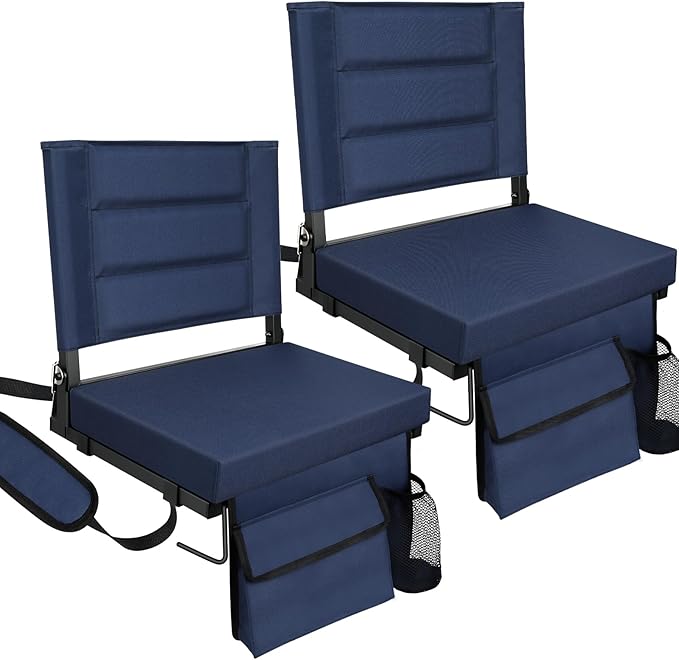 Stadium Seats with Back Support,Bleacher Chairs with Cushion, Portable Folding Stadium Chair with Removable Cushion and Large Pocket for School Events Sports Game(Navy Blue 2 Pack)