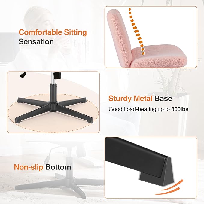 Sweetcrispy Criss Cross Chair Legged, Furry Armless Office Swivel Desk Chairs No Wheels, Vanity Height Adjustable Wide Seat Comfy Cute Computer Task Chair for Home Bedroom, Teddy Pink