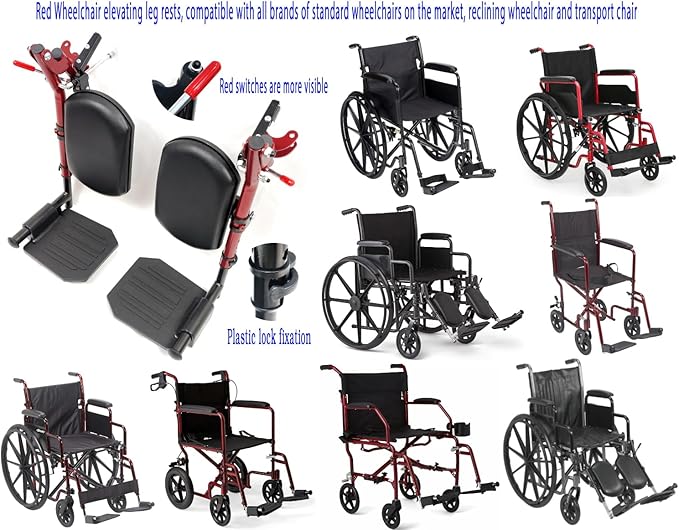 Red Wheelchair elevating Leg Rests, w/Calf pad, Non-Slip Footplates, Compatible with Reclining Wheelchair, Standard Wheelchair, Transport Chair. Universal Wheelchair Parts, (1 Pair,Red)