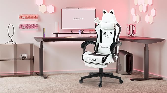 Dowinx Gaming Chair Cute with Plush Doggy and Massage Lumbar Support, Ergonomic Computer Chair for Girl with Footrest and Headrest, Comfortable Game Chair 290lbs for Adult, Teen, Black and White