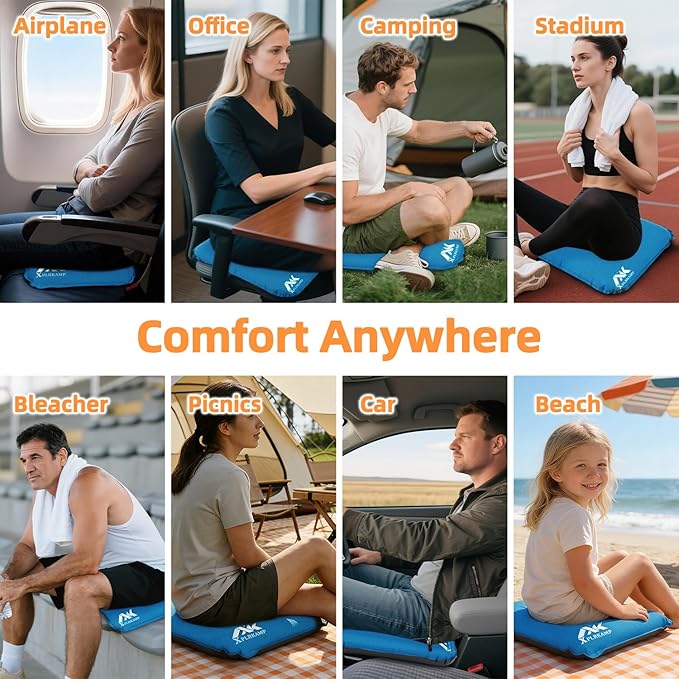 Inflatable Seat Cushion,Self-Inflating Portable Travel Airplane Stadium Seat Cushion for Airplane Long Flight,2pack Compact Lightweight Memory Foam Travel SeatCushion Pad for Bleacher Camping Outdoor